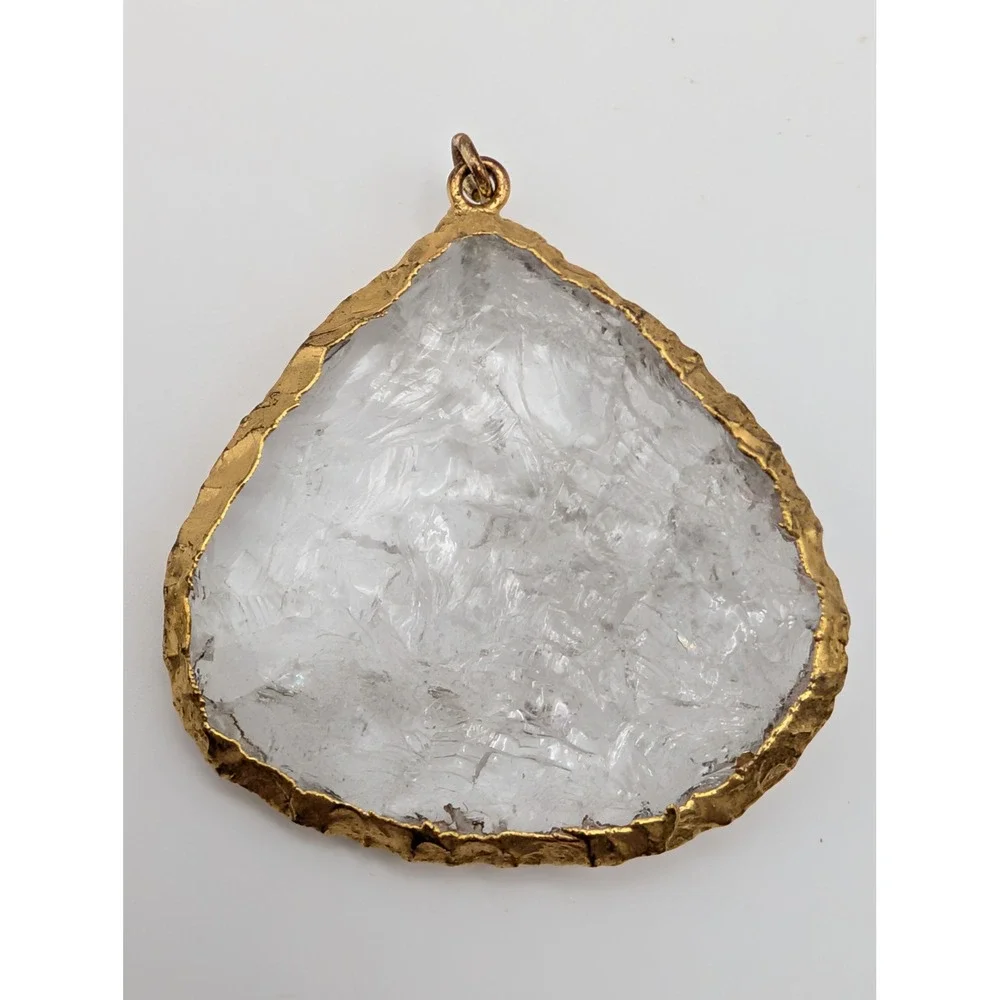 Unsigned Raw Clear Quartz Crystal Slice Pendant Gold Tone Edge Boho Statement